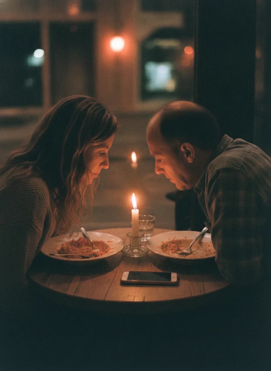A young couple leaning over a phone on a candlelit restaurant table
