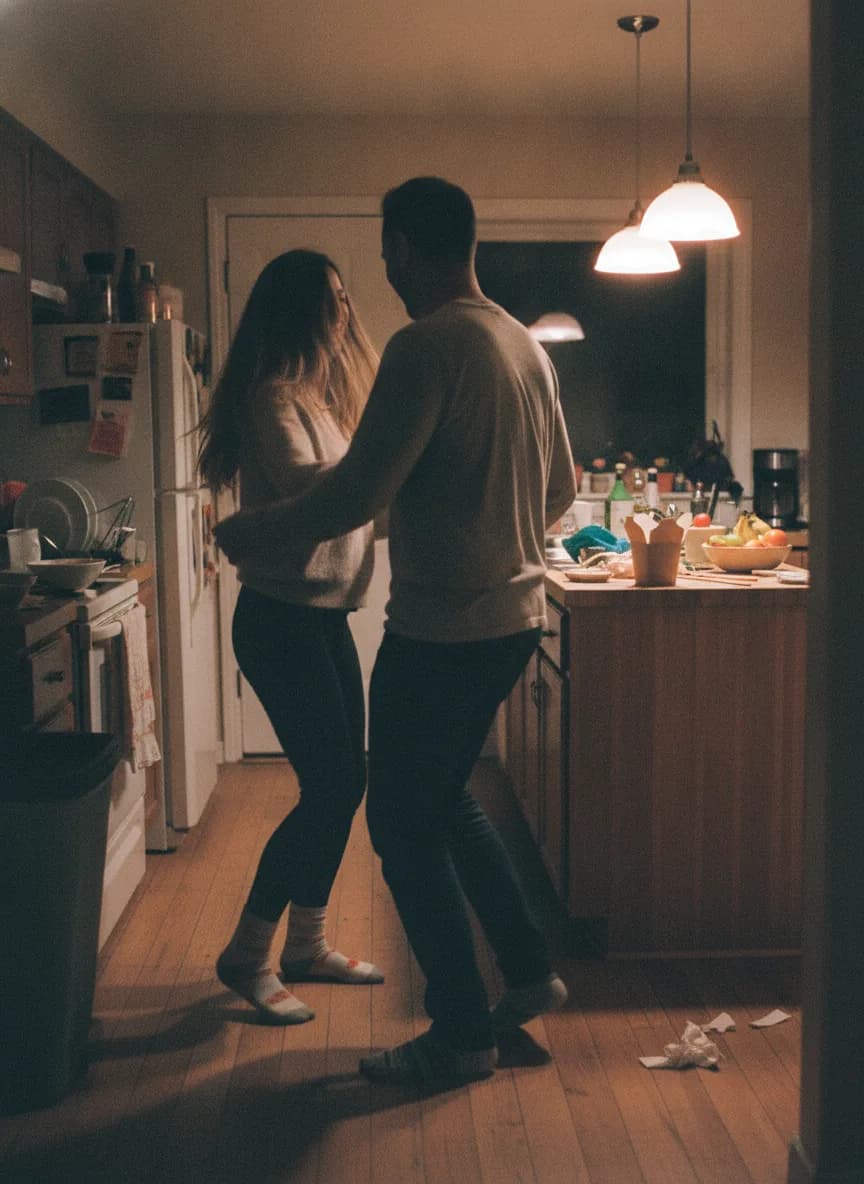A couple dancing in socks on a kitchen floor beside a takeaway container