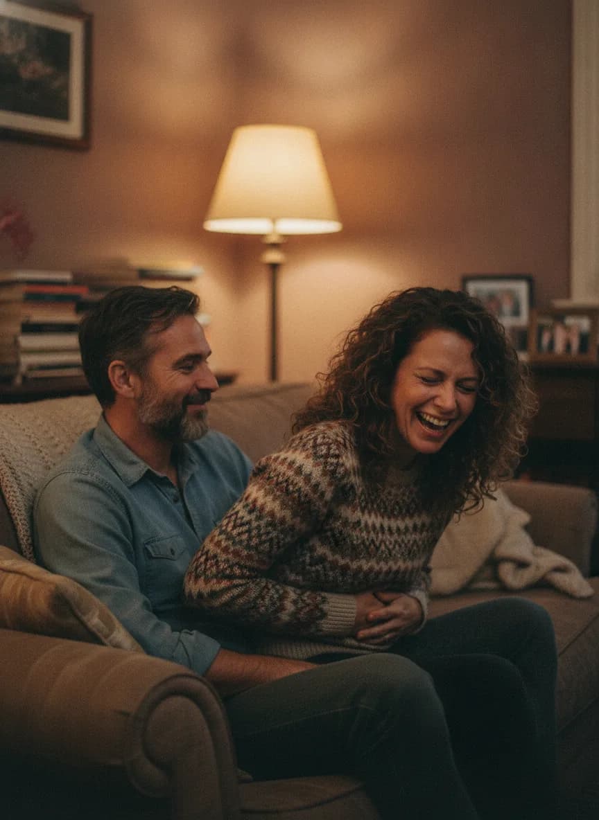 A couple on a sofa, one doubled over laughing while the other watches