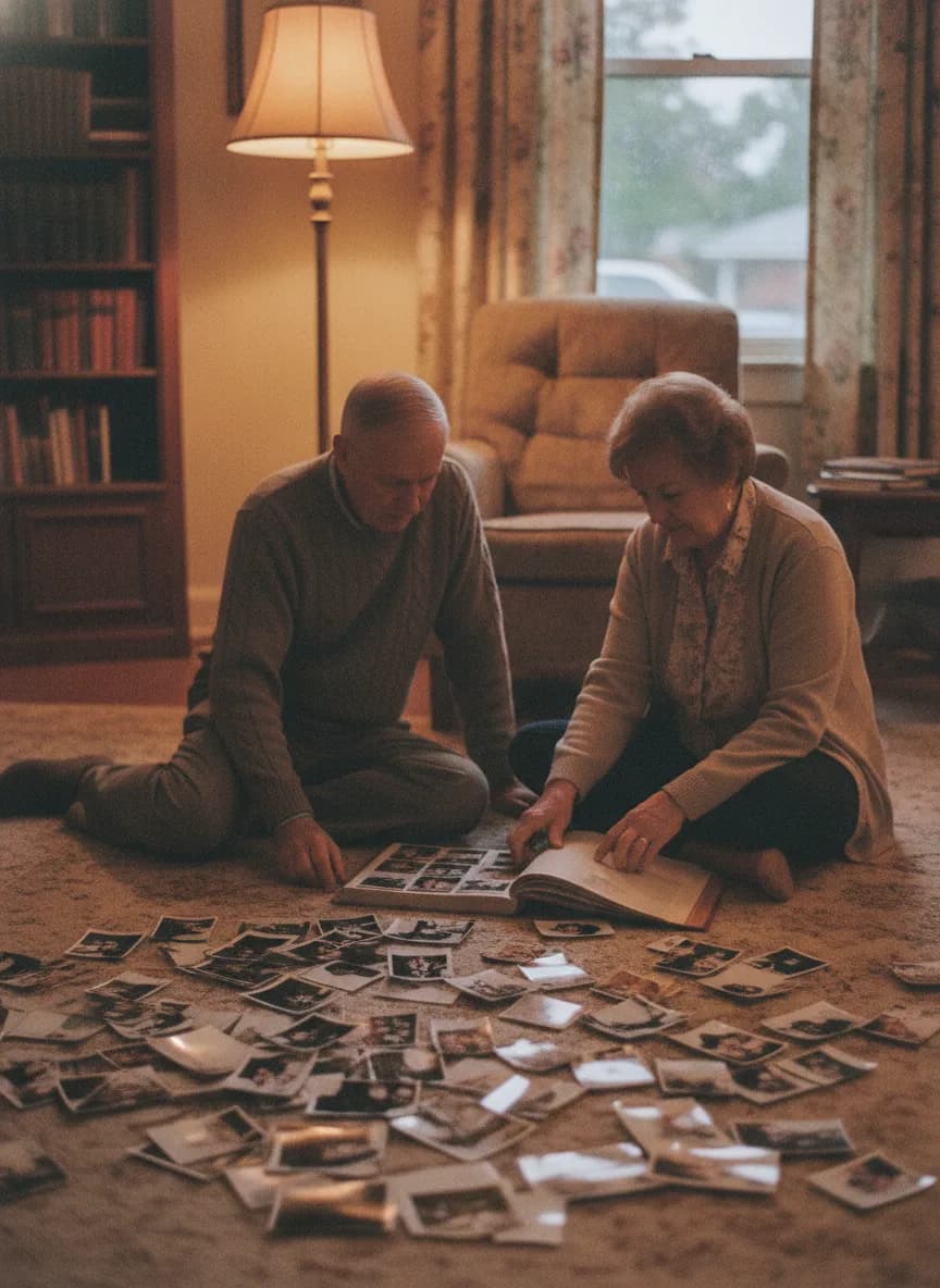 Two people on a living room floor with photo albums open around them