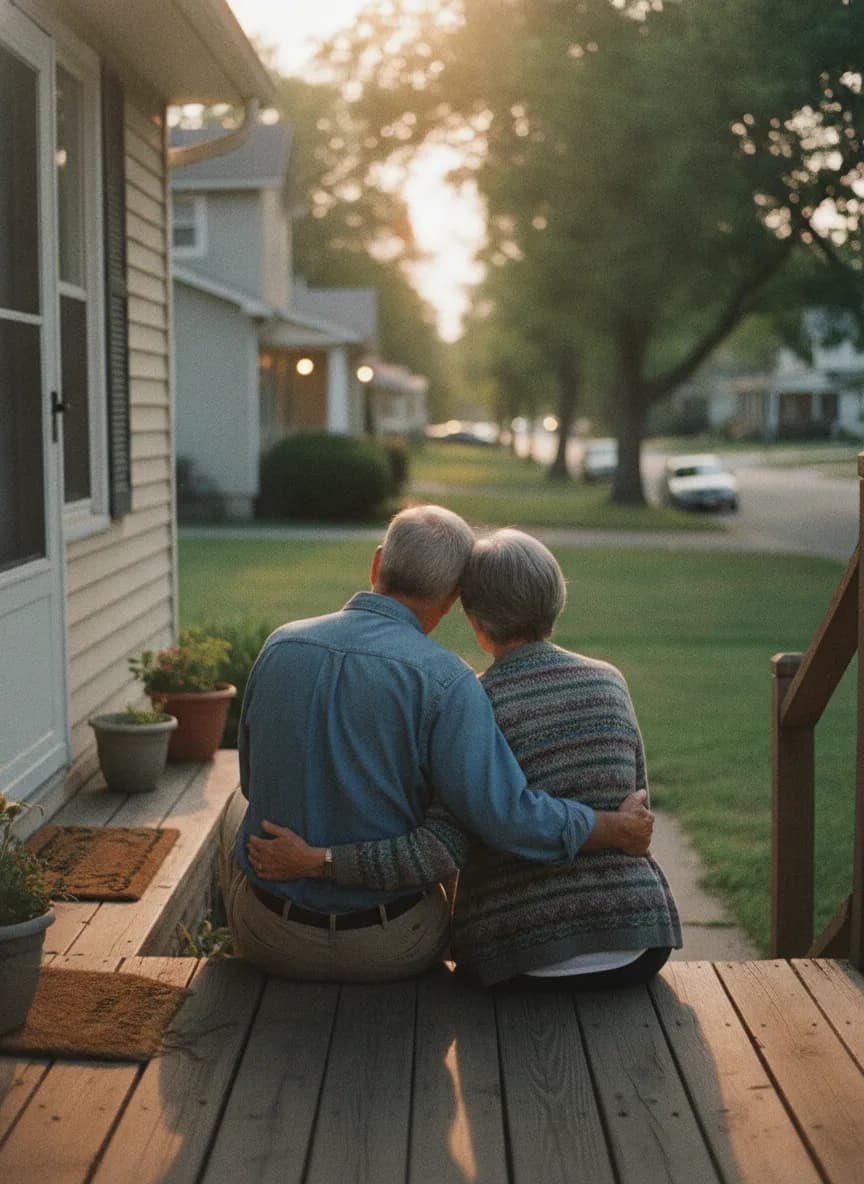 An older couple sitting shoulder to shoulder on their front steps at dusk