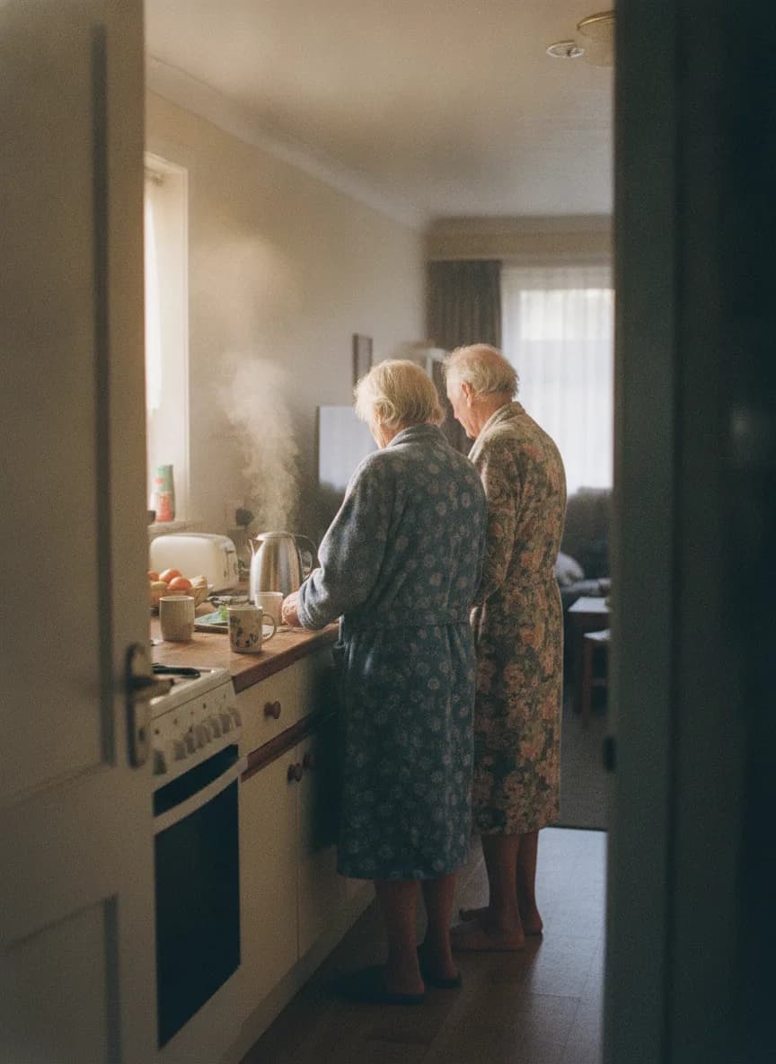 An elderly couple standing together at a kitchen bench early in the morning