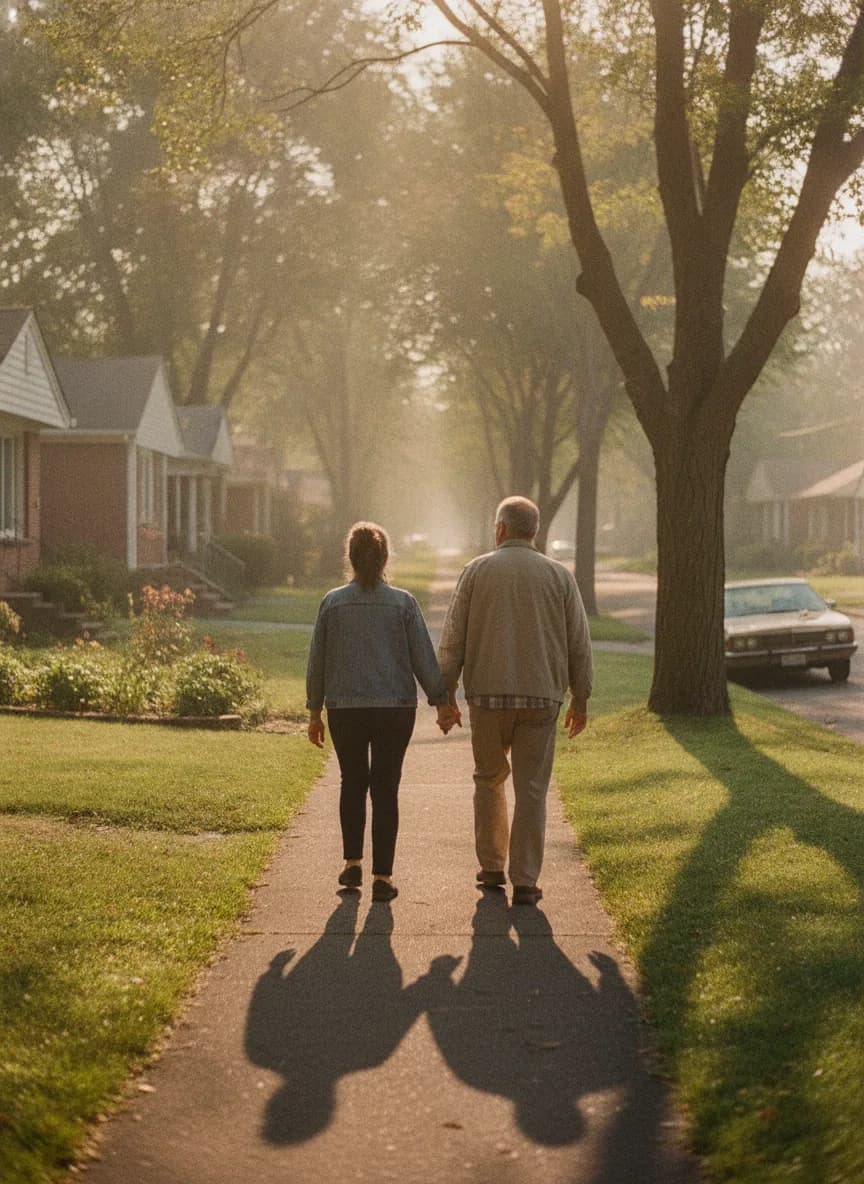 A middle-aged couple walking hand in hand down a suburban footpath