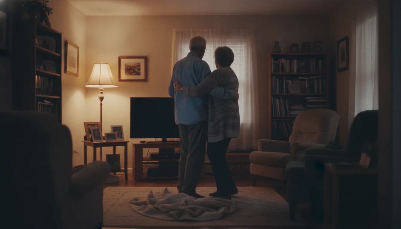 A long-married couple dancing in a small living room lit by one lamp
