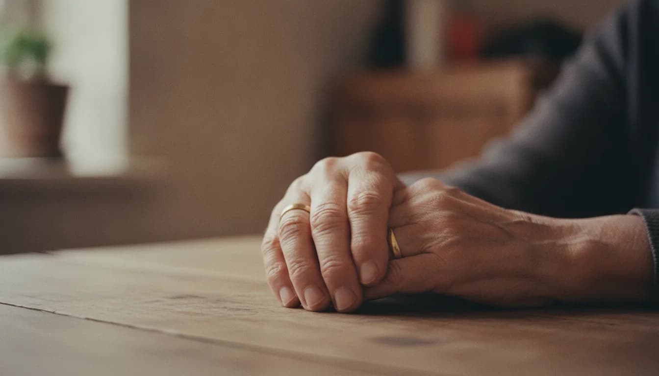 Two weathered hands resting together, both wearing worn wedding bands