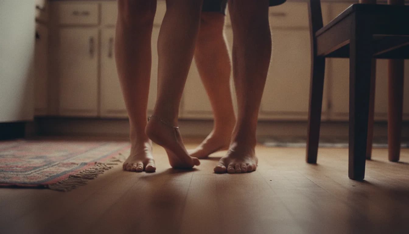 Two pairs of bare feet mid slow dance on a worn kitchen floor