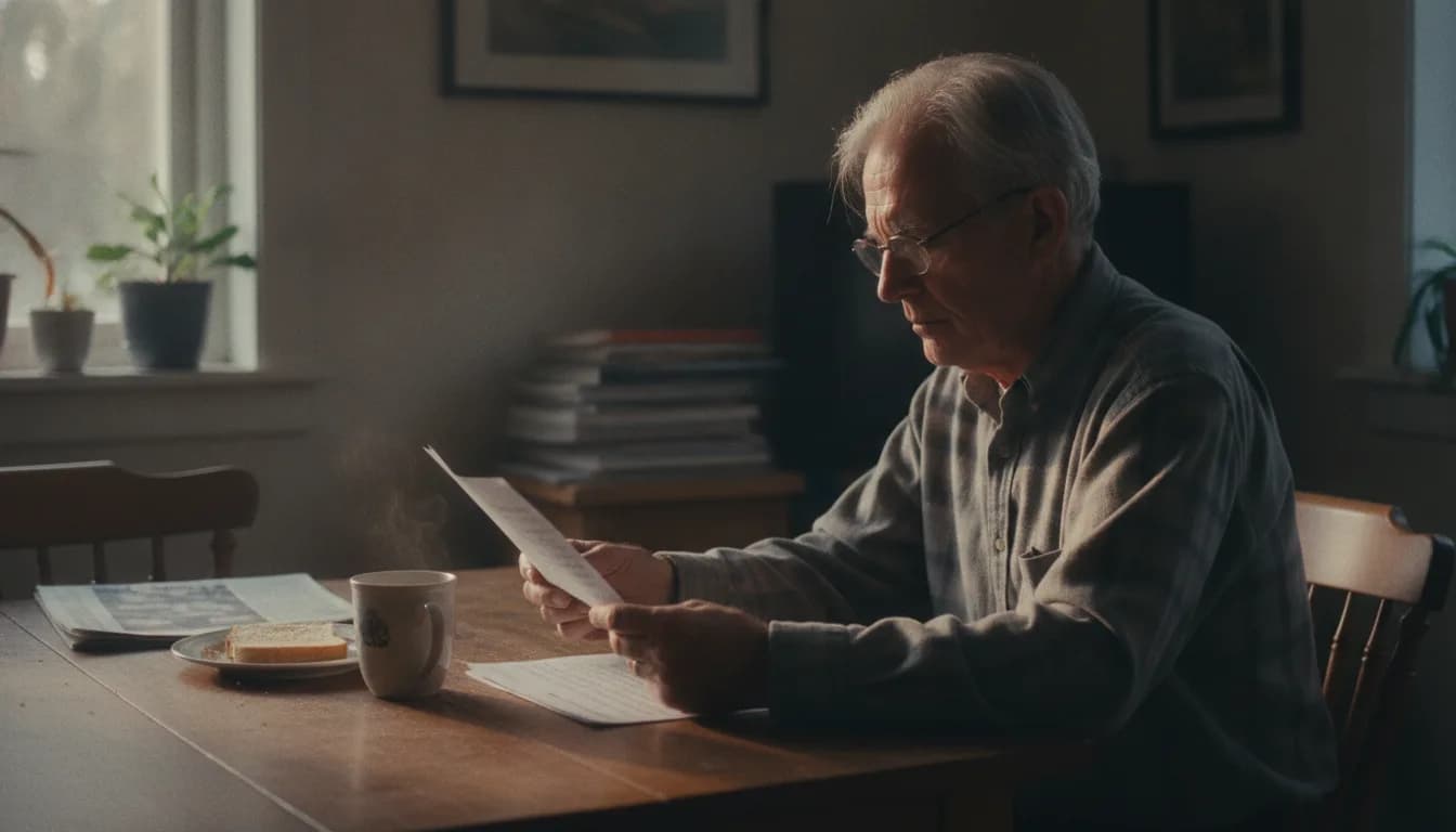An older man at a kitchen table reading a printed sheet of lyrics