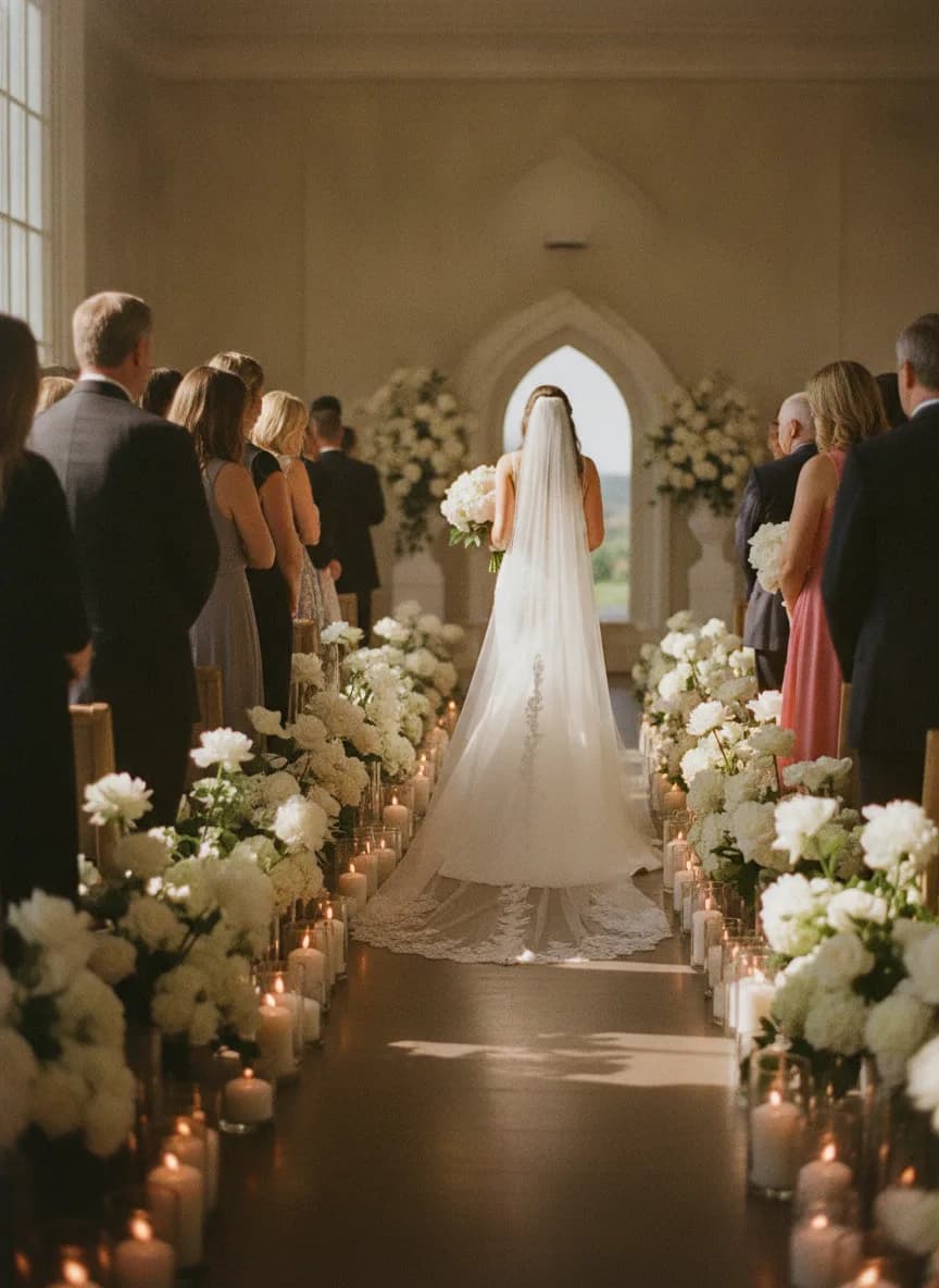 A bride walking down a candlelit aisle seen from behind the guests