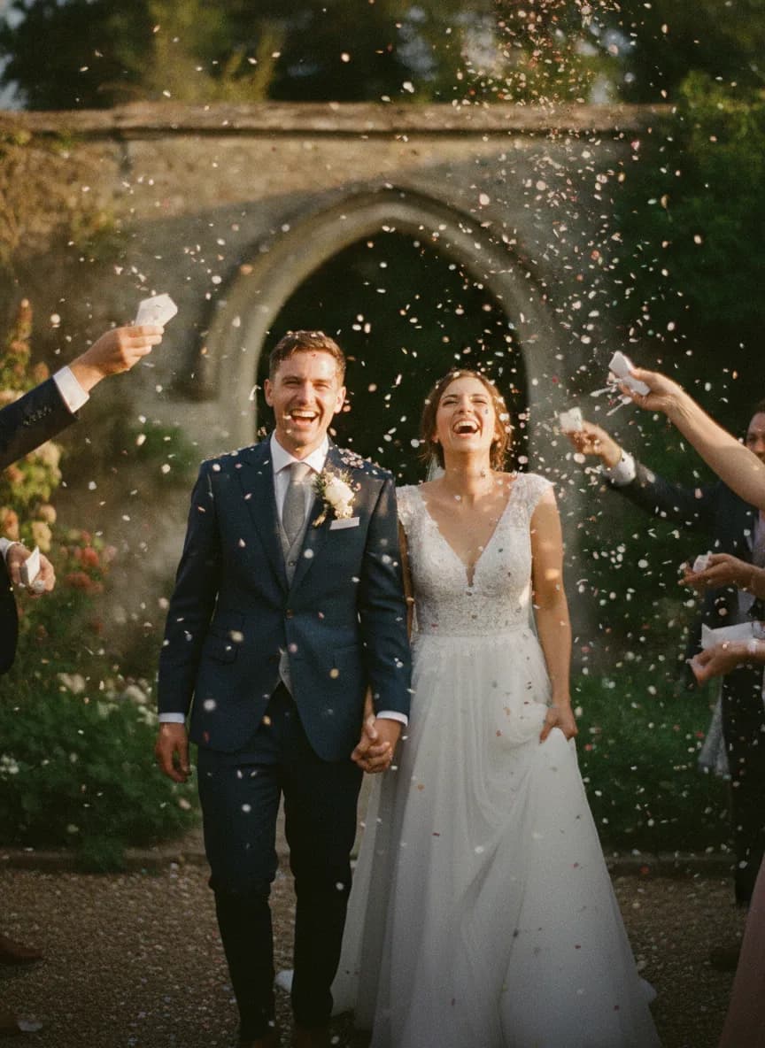 Newlyweds walking through a shower of confetti thrown by guests