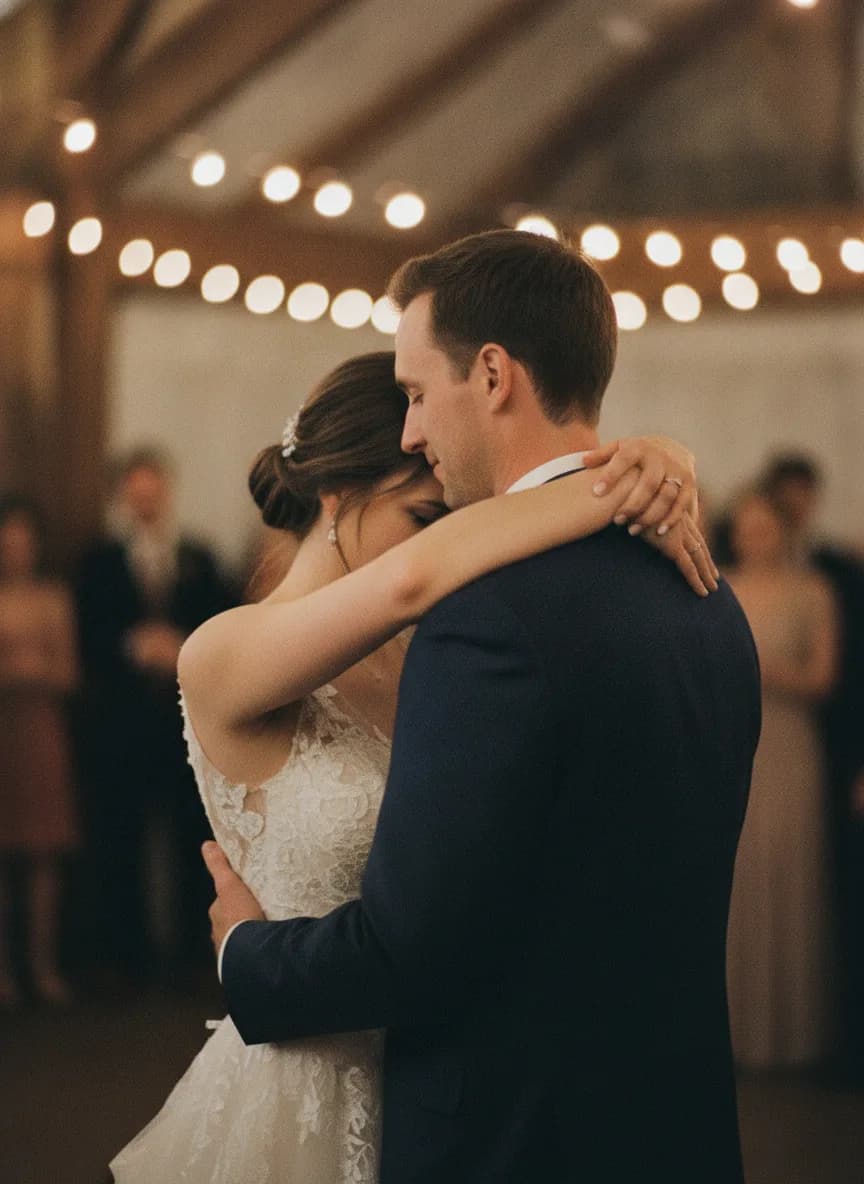 A couple's first dance under warm string lights