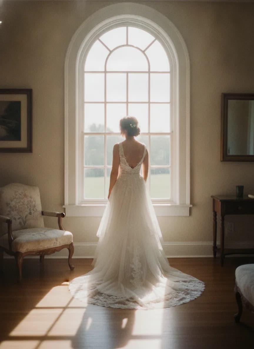 A bride at a tall window in the morning light before the ceremony