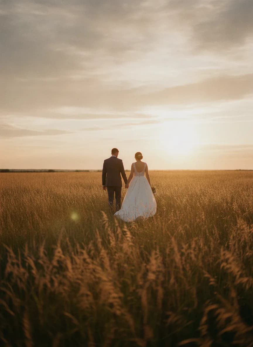 A couple walking hand in hand through long grass at sunset
