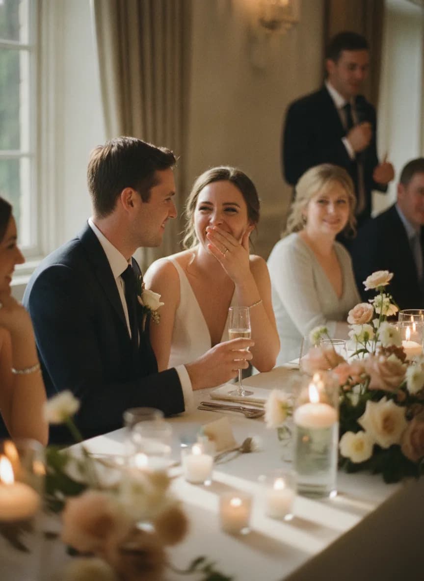 A couple at a reception table during a speech, laughing