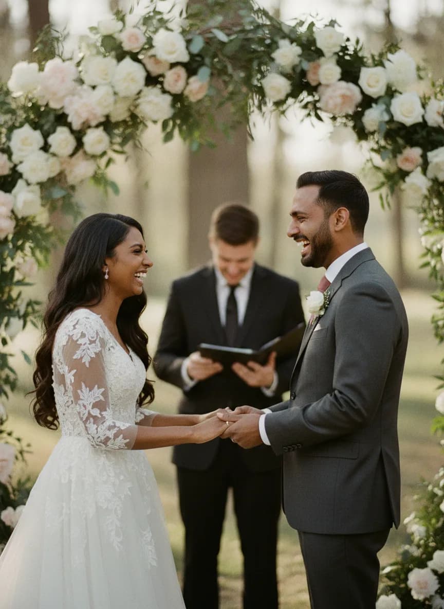 A couple laughing through tears during their vows under a floral arch