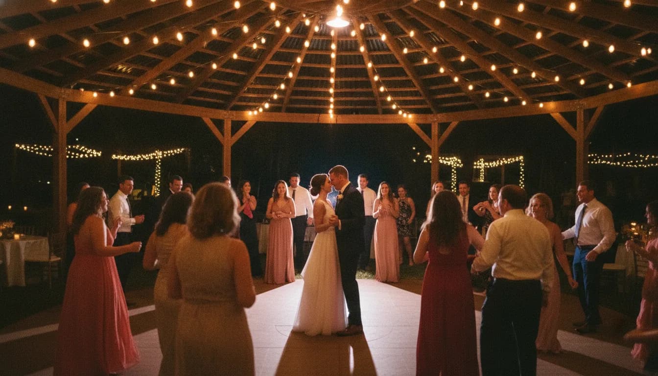 A dance floor at night under string lights, one couple lit in the centre