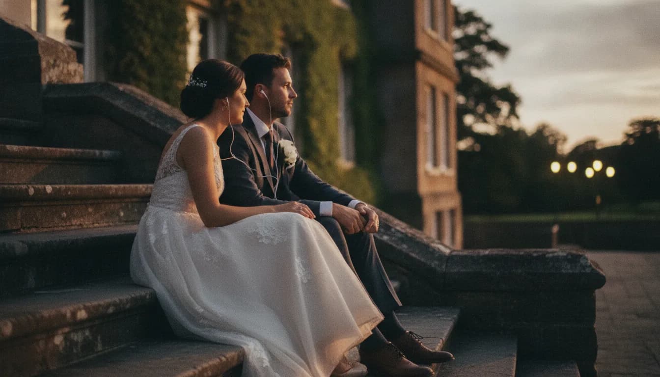 A newly married couple sitting on venue steps at dusk, sharing earphones