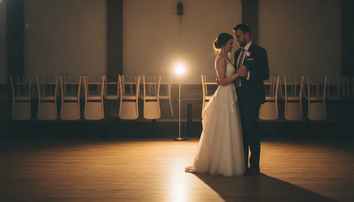 Two people slow-dancing alone in an empty room after the party