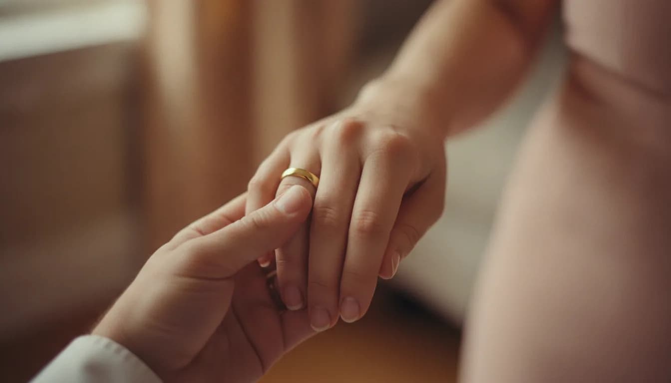 Two hands clasped together, one wearing a new wedding band